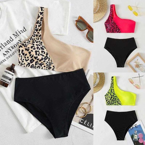 leopard print single shoulder bikini: and chic swimwear with suspender split for women., White;black
leopard print single shoulder bikini: and chic swimwear with suspender split for women., White;black