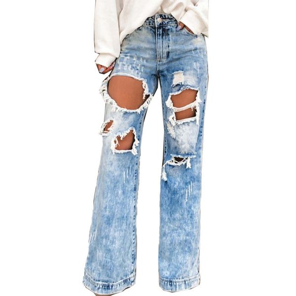 women's ripped jeans washed frayed hole broken style long pants, Blue 
women's ripped jeans washed frayed hole broken style long pants, Blue