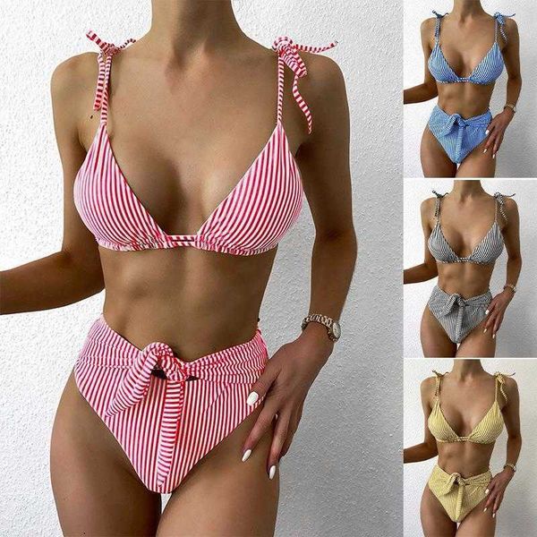 bikini summer multi color stripes tether high waist triangle split swimsuit, White;black
bikini summer multi color stripes tether high waist triangle split swimsuit, White;black
