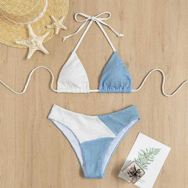 vacation beach girl bikini stitching tied halter triangle split swimsuit, White;black
vacation beach girl bikini stitching tied halter triangle split swimsuit, White;black