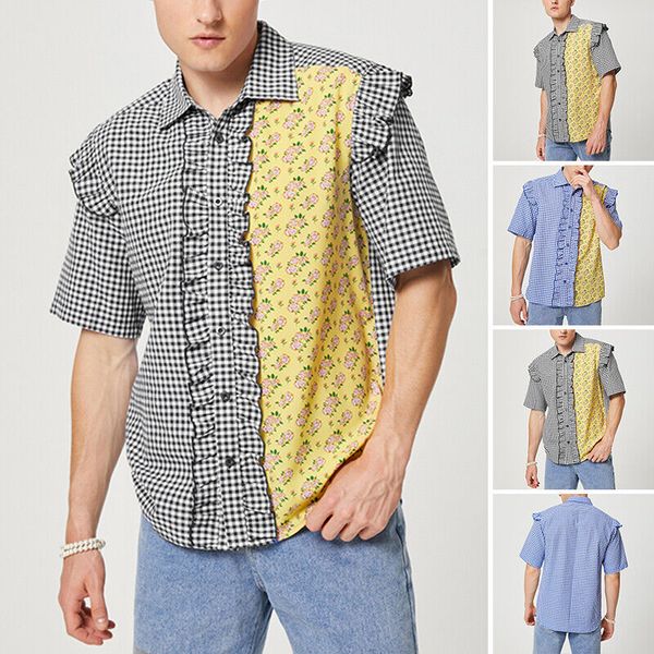 mens short sleeve checked flower printed patchwork shirts ruffle party tunic top, White;black
mens short sleeve checked flower printed patchwork shirts ruffle party tunic top, White;black