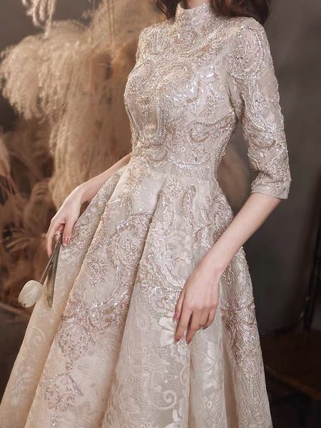 party dresses luxury champagne lace long evening half sleeves beaded elegant formal high neck a line wedding celebrity prom gowns 230213, White;black
party dresses luxury champagne lace long evening half sleeves beaded elegant formal high neck a line wedding celebrity prom gowns 230213, White;black