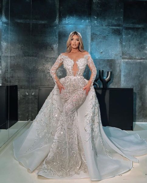 luxury mermaid wedding dresses long sleeves v neck 3d lace appliques sequins beaded diamonds detachable train floor length plus size bridal, White
luxury mermaid wedding dresses long sleeves v neck 3d lace appliques sequins beaded diamonds detachable train floor length plus size bridal, White