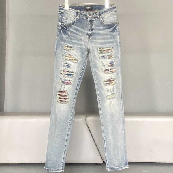 slim stylish brand 2023 fashion pants cool amirs leisure ripped men's light cashew flower jeans designer elastic large hole patch high, Blue
slim stylish brand 2023 fashion pants cool amirs leisure ripped men's light cashew flower jeans designer elastic large hole patch high, Blue