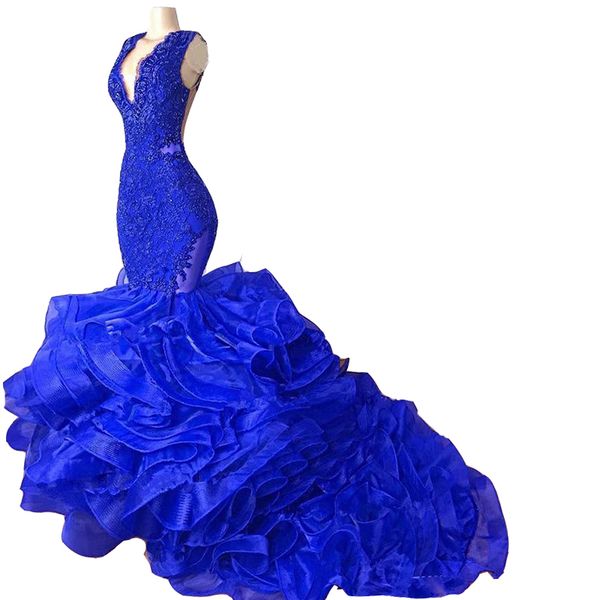 2023 mermaid prom dresses organza ruffles tiered skirt v neck illusion royal blue red lace appiques crystal beads evening gowns party dress, Black
2023 mermaid prom dresses organza ruffles tiered skirt v neck illusion royal blue red lace appiques crystal beads evening gowns party dress, Black