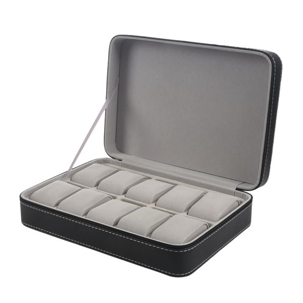 watch boxes cases portable watch box organizer pu leather casket with zipper classic style 10 grids multifunctional bracelet display case 23, Black;blue
