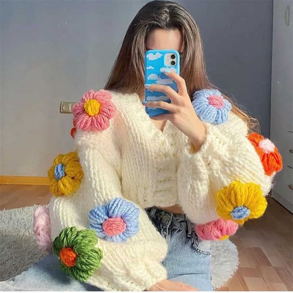 hand made knitted thick winter sweater cardigans vintage flower short cardigan new harajuku femme sweater jumper l220714, White;black
hand made knitted thick winter sweater cardigans vintage flower short cardigan new harajuku femme sweater jumper l220714, White;black