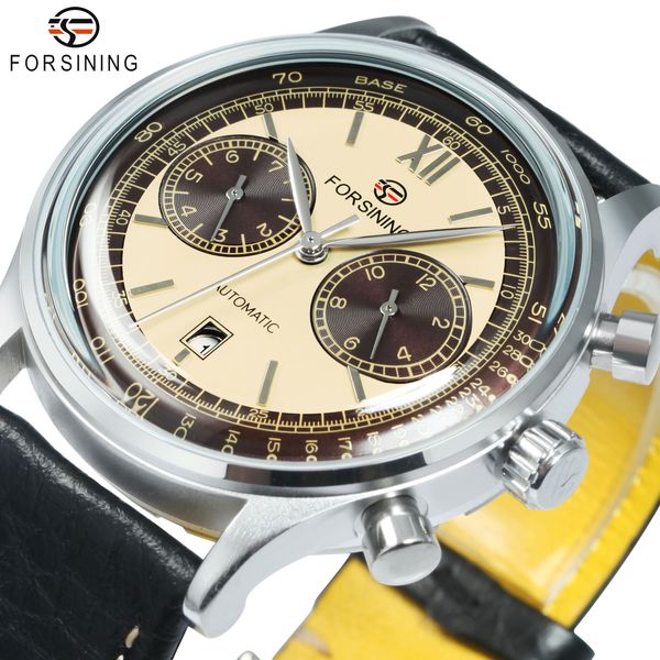 

wristwatches forsining retro concave glass calendar subdials mechanical watches shanghai movement automatic men watch genuine leather 230215, Slivery;brown