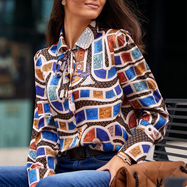 women's blouses shirts office lady geomrtric print satin shirt stand neck bow lace up long sleeve loose casual women elegant chic blous, White
women's blouses shirts office lady geomrtric print satin shirt stand neck bow lace up long sleeve loose casual women elegant chic blous, White