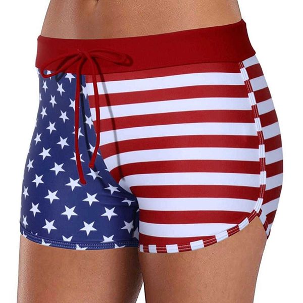 22 womens leg up flag printed bikini swimming trunks, White;black