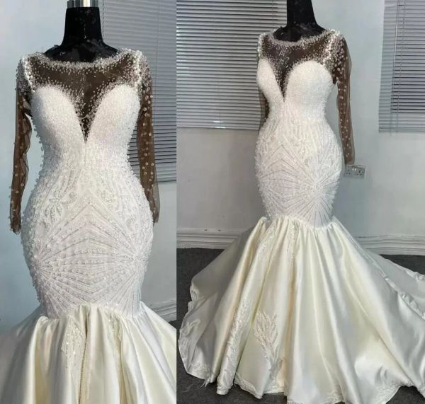 2023 ivory mermaid wedding dresses bridal gown beaded long sleeves satin sweep train custom made vestidos de novia plus size, White
2023 ivory mermaid wedding dresses bridal gown beaded long sleeves satin sweep train custom made vestidos de novia plus size, White