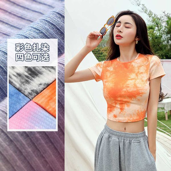women's t-shirt navel color tiedye tshirt women summer cotton shortsleeved round neck stretch breathable slimfit threaded pullover shir, White 
women's t-shirt navel color tiedye tshirt women summer cotton shortsleeved round neck stretch breathable slimfit threaded pullover shir, White