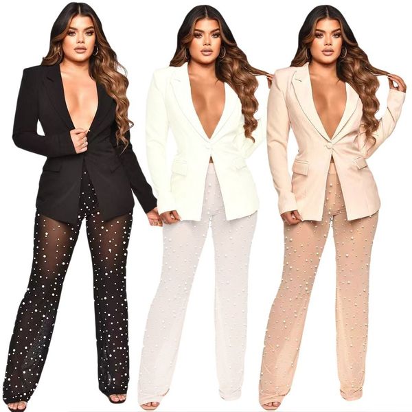 women's suits blazers two piece set blazer pearls sheer see through mesh pants long sleeve single button jacket coat tracksuit clothes, White;black
women's suits blazers two piece set blazer pearls sheer see through mesh pants long sleeve single button jacket coat tracksuit clothes, White;black