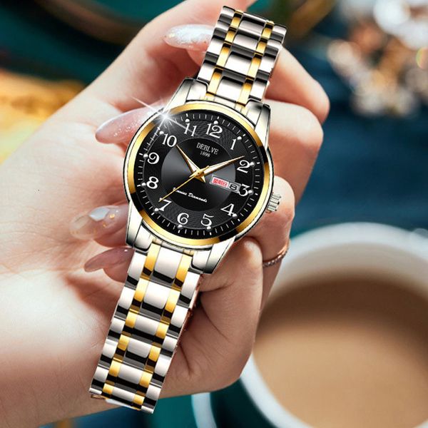 wristwatches ladies fashion ultrathin steel band dual calendar luminous waterproof digital scale watch quartz watch for women gift clock 230, Slivery;brown