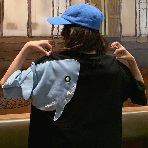 women's t-shirt big shark shortsleeved tshirt female street stitching halfsleeved hit color round neck shortsleeved oversized tshirt j2, White
women's t-shirt big shark shortsleeved tshirt female street stitching halfsleeved hit color round neck shortsleeved oversized tshirt j2, White
