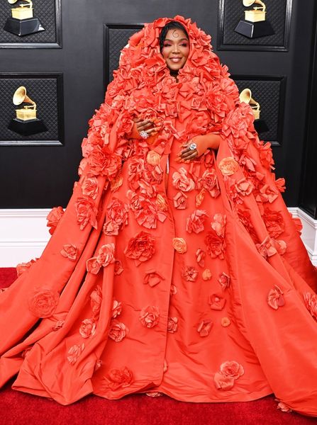 lizzo wore an orange long evening dress with three-dimensional roses on it at the grammy awards in 2023., Black;pink
lizzo wore an orange long evening dress with three-dimensional roses on it at the grammy awards in 2023., Black;pink