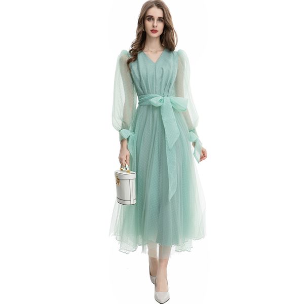 women's runway dresses v neck long lantern sleeves polka dots elegant fashion designer vestidos with sash belt, Black
women's runway dresses v neck long lantern sleeves polka dots elegant fashion designer vestidos with sash belt, Black