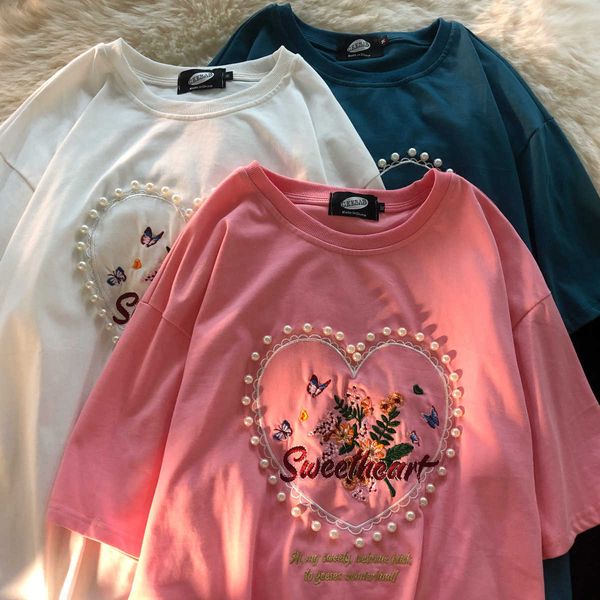 women's t-shirt heavy industry love embroidered loose pearl design short sleeve tshirt women's round neck men's and women, White
women's t-shirt heavy industry love embroidered loose pearl design short sleeve tshirt women's round neck men's and women, White