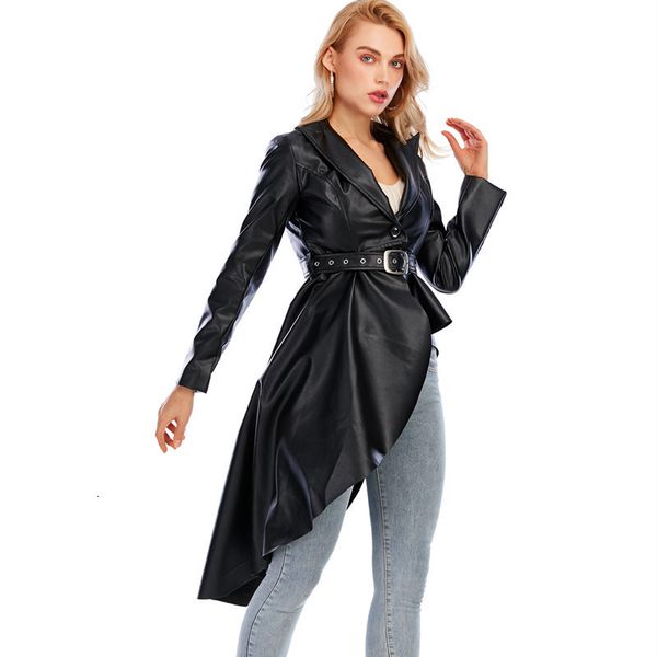 women's leather faux pu coat vneck longsleeved belt irregular ruffled hem evening track party long manteau 230215, Black
women's leather faux pu coat vneck longsleeved belt irregular ruffled hem evening track party long manteau 230215, Black