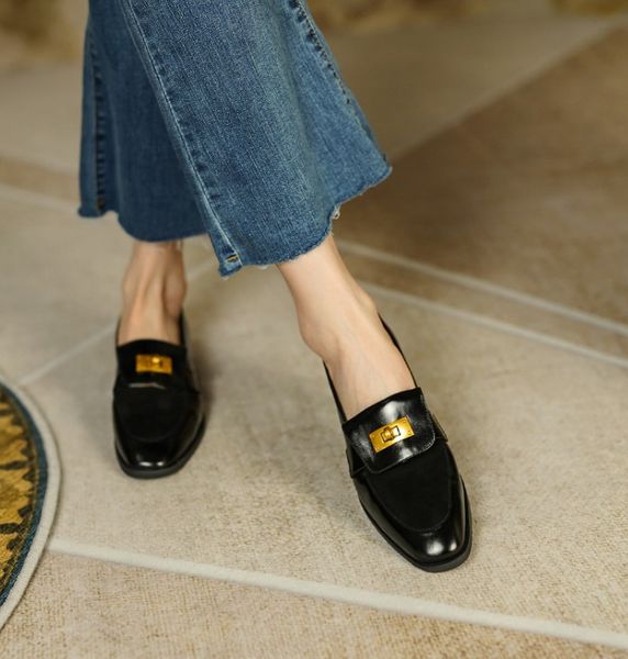 black driving loafers women flat heel leather women office shoes gold buckle flats