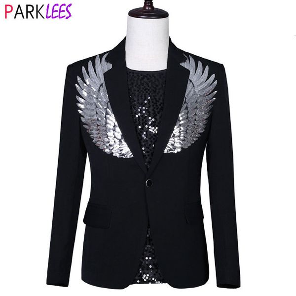 men's suits blazers mens fashion wing sequins blazer jacket one button slim fit suit blazers men wedding party prom stage costumes for, White;black
men's suits blazers mens fashion wing sequins blazer jacket one button slim fit suit blazers men wedding party prom stage costumes for, White;black