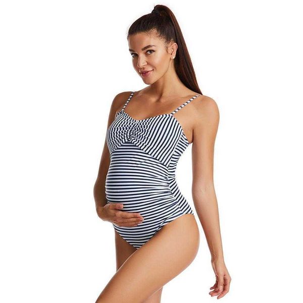 striped chest heap pleated one piece swimwear for maternity female bikini, White 
striped chest heap pleated one piece swimwear for maternity female bikini, White