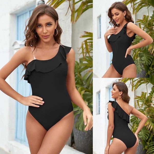 one piece womens swimwear ruffled shoulder open back swimsuit multi color, White;black
one piece womens swimwear ruffled shoulder open back swimsuit multi color, White;black