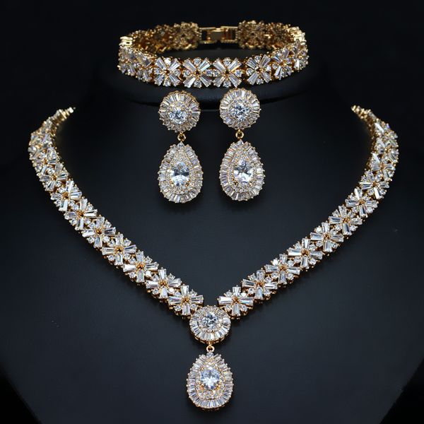 

wedding jewelry sets cwwzircons exclusive dubai gold plate jewellery luxury cubic zirconia necklace earring bracelet party jewelry set for w, Slivery;golden