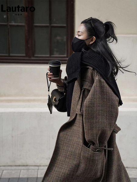 women's jackets lautaro autumn winter long loose stylish warm plaid wool blends coat women sashes luxury designer runway european fashi, Black;brown
women's jackets lautaro autumn winter long loose stylish warm plaid wool blends coat women sashes luxury designer runway european fashi, Black;brown