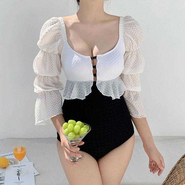siamese conservative swimsuit women polka dot chiffon puff sleeve internet, White;black
siamese conservative swimsuit women polka dot chiffon puff sleeve internet, White;black