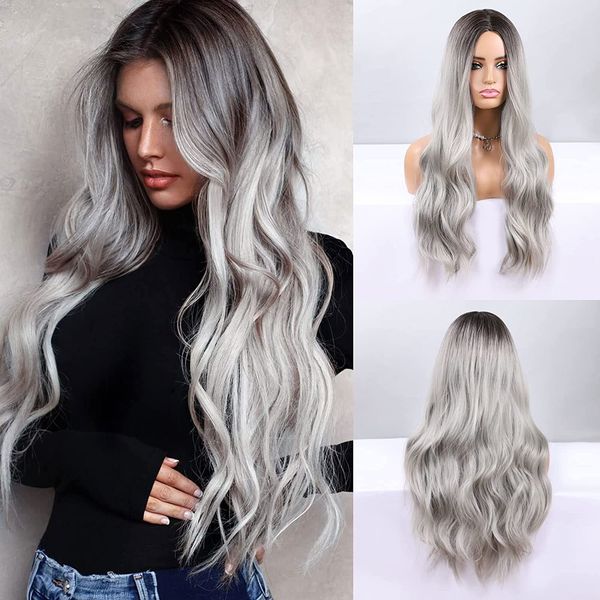 grey wig long wavy wig for women middle part silver wigs synthetic heat resistant party wigs natural looking, Black
grey wig long wavy wig for women middle part silver wigs synthetic heat resistant party wigs natural looking, Black