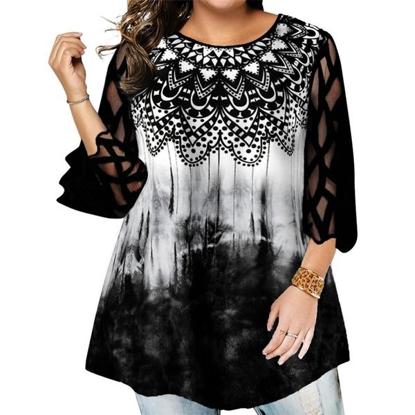 women's plus size t-shirt big size summer woman t-shirt loose tie dye tribe printed lace tshirts female fat mm plus size women clothing, Black