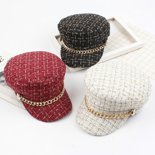 berets 2023 women hats tweed plaid sboy caps chain flat visor vintage military female autumn winter 230215, Blue;gray
berets 2023 women hats tweed plaid sboy caps chain flat visor vintage military female autumn winter 230215, Blue;gray