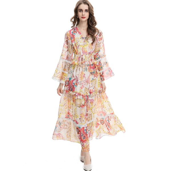 women's runway dresses v neck flare sleeves printed a line elegant high street holiday vestidos, Black
women's runway dresses v neck flare sleeves printed a line elegant high street holiday vestidos, Black