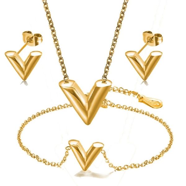 fashion brand v letter earrings pendant necklace set for woman stainless steel 18k gold plated necklace luxury jewelry female costume access, Silver
fashion brand v letter earrings pendant necklace set for woman stainless steel 18k gold plated necklace luxury jewelry female costume access, Silver