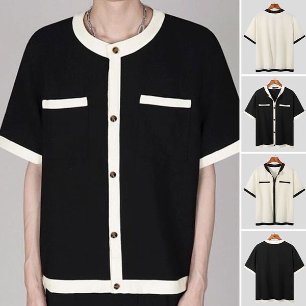 men korean style retro short sleeve shirts o neck holiday button up blouse, White;black
men korean style retro short sleeve shirts o neck holiday button up blouse, White;black