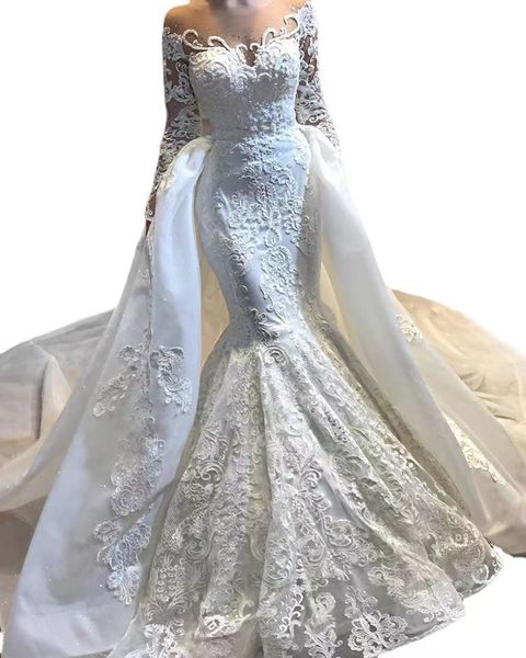 arabic mermaid wedding dresses boho long sleeve luxurious crystal lace appliques bridal gown custom made with detachable train robes de mari, White
arabic mermaid wedding dresses boho long sleeve luxurious crystal lace appliques bridal gown custom made with detachable train robes de mari, White