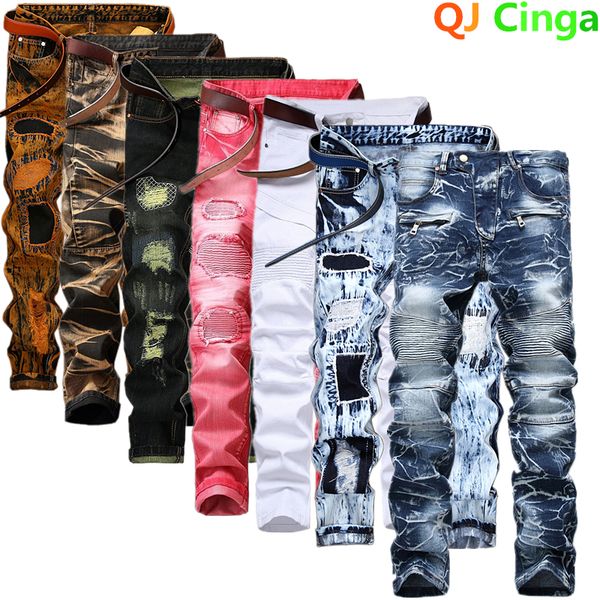 men's jeans fashionable motorcycle pleated holes decorative denim pants men blue white red green yellow casual trousers 230216
men's jeans fashionable motorcycle pleated holes decorative denim pants men blue white red green yellow casual trousers 230216