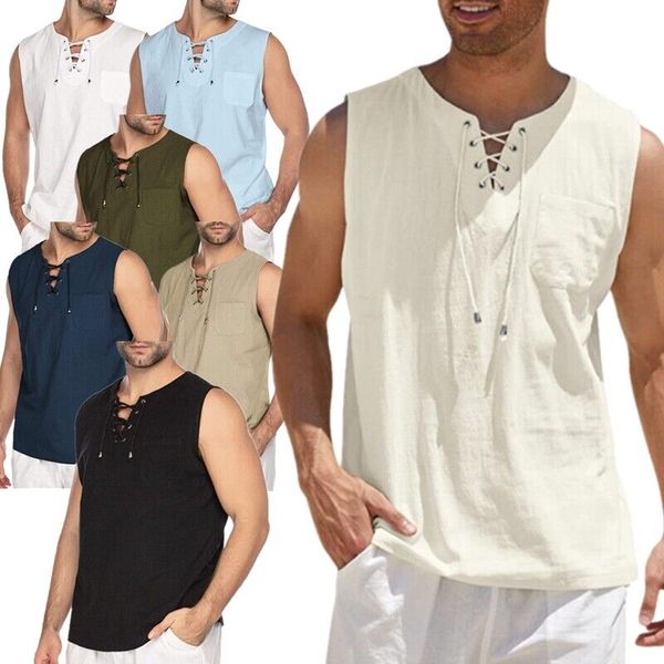 mens casual tank sleeveless t-shirts cotton linen hippie lace-up blouse, White;black
mens casual tank sleeveless t-shirts cotton linen hippie lace-up blouse, White;black