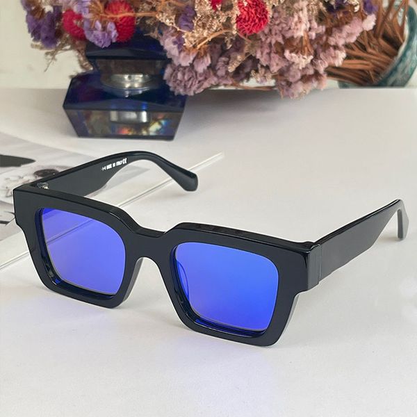 

squared acetate frame sunglasses for men black blue lenses white arrows shades designer womens most iconic eyewear style ori012 uv protectio, White;black