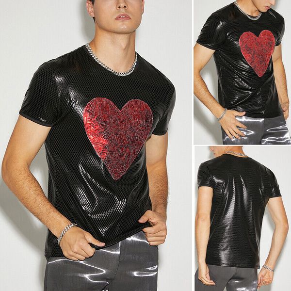 men's short sleeve heart printed t shirts hippy party wet look blouse tee shirts, White;black
men's short sleeve heart printed t shirts hippy party wet look blouse tee shirts, White;black