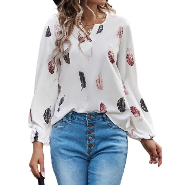 women casual blouses long sleeve shirts loose v-neck feather print pullover plus size s-5xl, White
women casual blouses long sleeve shirts loose v-neck feather print pullover plus size s-5xl, White