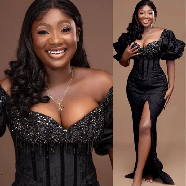arabic aso ebi black mermaid evening dresses beaded crystals tassel puffy off shoulder sleeve lace slit prom occasion gown, Black;red
arabic aso ebi black mermaid evening dresses beaded crystals tassel puffy off shoulder sleeve lace slit prom occasion gown, Black;red