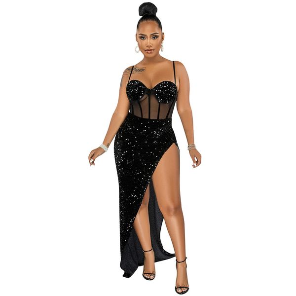 women party dresses spaghetti strap v neck mesh see through bodycon sequin gown evening dress with slit, White;black
women party dresses spaghetti strap v neck mesh see through bodycon sequin gown evening dress with slit, White;black