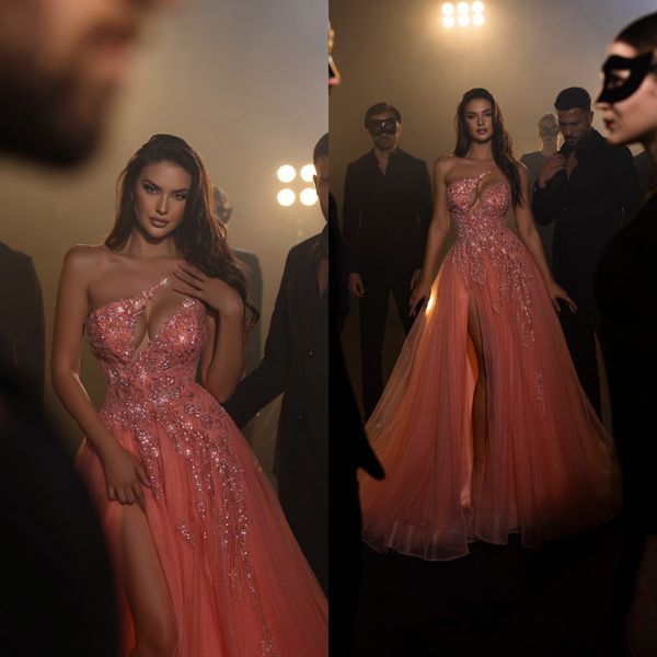 one shoulder pink prom dresses high side split beading sequined a line evening gowns vestidos de noche, Black
one shoulder pink prom dresses high side split beading sequined a line evening gowns vestidos de noche, Black
