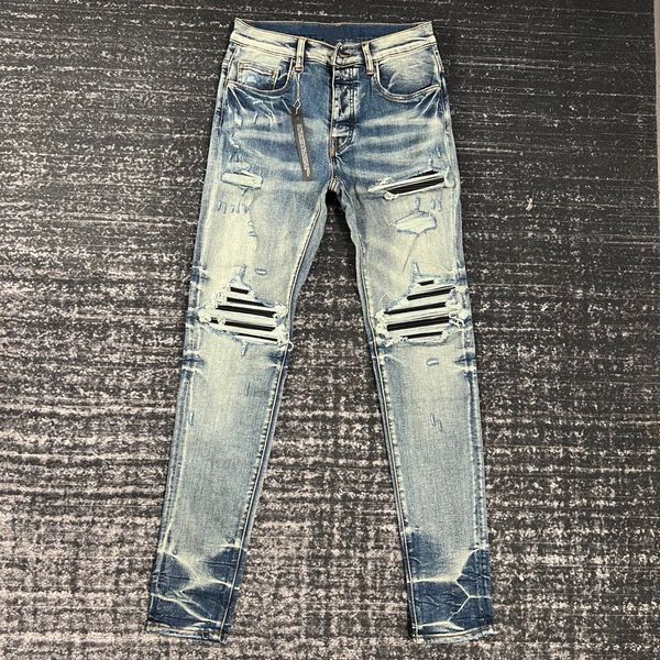 men's jeans high street washed blue patchwork black leather ripped patch do old men 230217
men's jeans high street washed blue patchwork black leather ripped patch do old men 230217