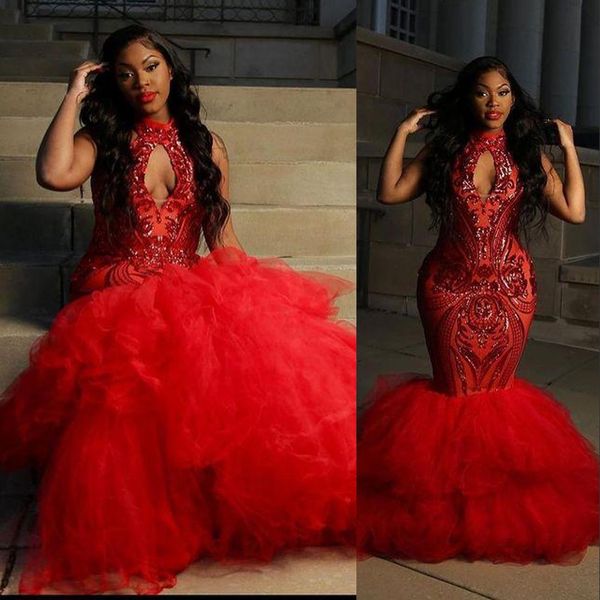2023 red mermaid prom dresses high neck keyhole sequined lace tulle sequins tiered ruffles skirts evening gowns plus size formal party dress, Black
2023 red mermaid prom dresses high neck keyhole sequined lace tulle sequins tiered ruffles skirts evening gowns plus size formal party dress, Black