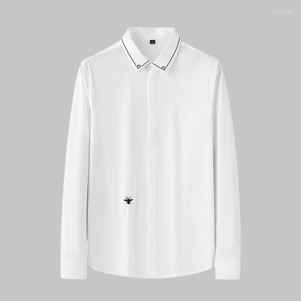 long pure color sleeve shirt men bee embroidery casual business dress shirts mens fashion cothing trends camisas, White;black
long pure color sleeve shirt men bee embroidery casual business dress shirts mens fashion cothing trends camisas, White;black