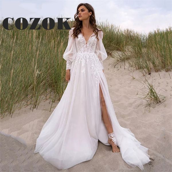 party dresses tulle v neck wedding dress a line long puff sleeve high slit appliques floor length bridal gown robe de marie custom s17y 2302, White;black
party dresses tulle v neck wedding dress a line long puff sleeve high slit appliques floor length bridal gown robe de marie custom s17y 2302, White;black
