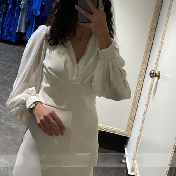 white simple prom party dresses mermaid chiffon tea length puffy full sleeve deep v neck evening gowns 2023 zipper back, Black
white simple prom party dresses mermaid chiffon tea length puffy full sleeve deep v neck evening gowns 2023 zipper back, Black